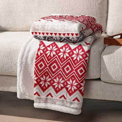 PAVILIA Premium Christmas Sherpa Throw Blanket, Red White Snowflake Holiday Blanket, Ultra-Soft Reversible Fleece Winter Throw for Home Decoration, Cozy Plush 50x60