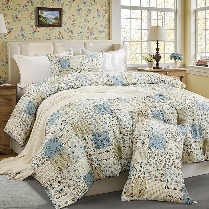 Blue Floral Duvet Cover Set Queen Size 100% Cotton Botanical Patchwork Vintage Bedding Quilt Cover All Season 3 Pieces Soft Lightweight Comforter Cover