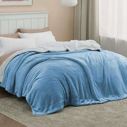 Bedsure GentleSoft Sherpa Fleece Blankets Queen Size for Bed - Thick and Warm Throw for Women and Men, Soft Fuzzy Plush Queen Blanket for Winter, Washed Blue, 90x90 Inches