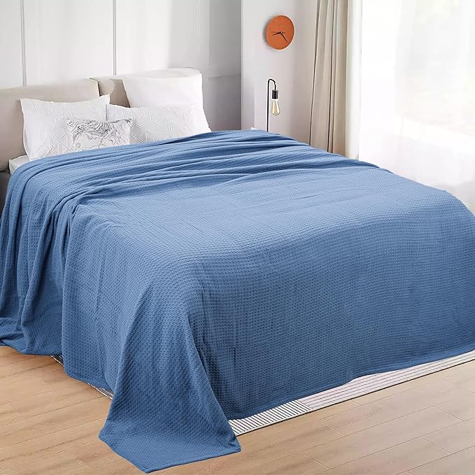 HILLFAIR 100% Cotton Blanket- 120" x 120" XXL Oversized King Bed Blankets - Family Size 10 ft x 10 ft Big - All Season Soft Cozy Breathable Blankets for Bed - Extra Large King Cotton Blanket- Blue