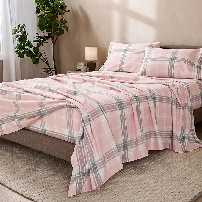 Bare Home Flannel Sheet Set Prints, 100% Cotton, Velvety Soft Heavyweight - Double Brushed Flannel - Deep Pocket (Queen, Aurora Plaid - Pink)