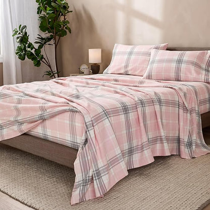 Bare Home Flannel Sheet Set Prints, 100% Cotton, Velvety Soft Heavyweight - Double Brushed Flannel - Deep Pocket (Cal King, Aurora Plaid - Pink)