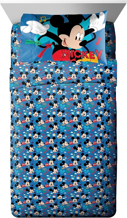 Jay Franco Kids Comforter Set Includes Sheets and Pillow Covers - Soft and Cozy Bed Set for Stylish Room Decor, Blue - Mickey Mouse, 5 Piece Twin Bedding