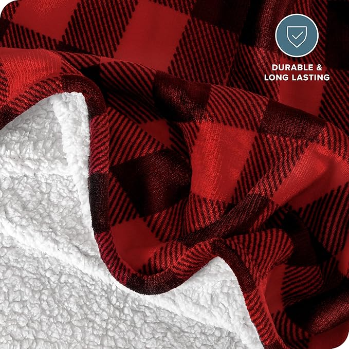 Bare Home Sherpa Fleece Blanket - Twin/Twin Extra Long - Blanket for Bed, Sofa, and Couch - Warm & Lightweight - Fluffy & Soft - Reversible (Twin/Twin XL, Buffalo Plaid - Red/Black)