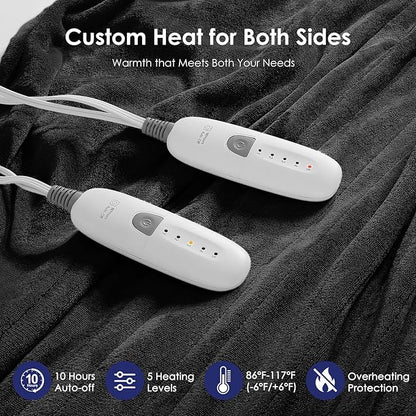 Electric Blanket Queen Heated Blanket Queen Size 84''X90'' - Soft Plush Flannel with Dual Controllers, 5 Heating Level & 10 Hour Auto Off, ETL Certified, Warm Gifts for Grandma(Charcoal Grey)
