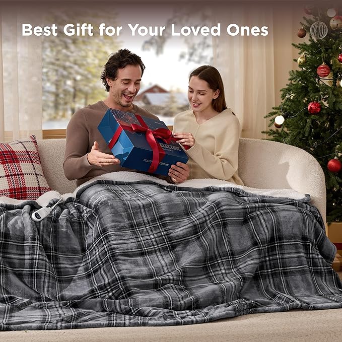 Bedsure Plaid Heated Throw Blanket - Flannel Sherpa Electric Blanket with Plaid Pattern, Heating with 6 Heating Levels, 4 Time Settings, 3-Hour Auto-Off, Warm Gifts for Grandma (Grey, 50"x60")