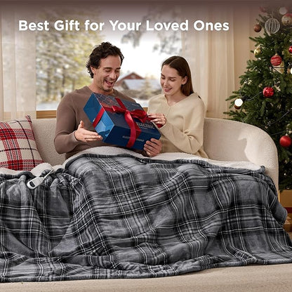Bedsure Plaid Heated Throw Blanket - Flannel Sherpa Electric Blanket with Plaid Pattern, Heating with 6 Heating Levels, 4 Time Settings, 3-Hour Auto-Off, Warm Gifts for Grandma (Grey, 50"x60")
