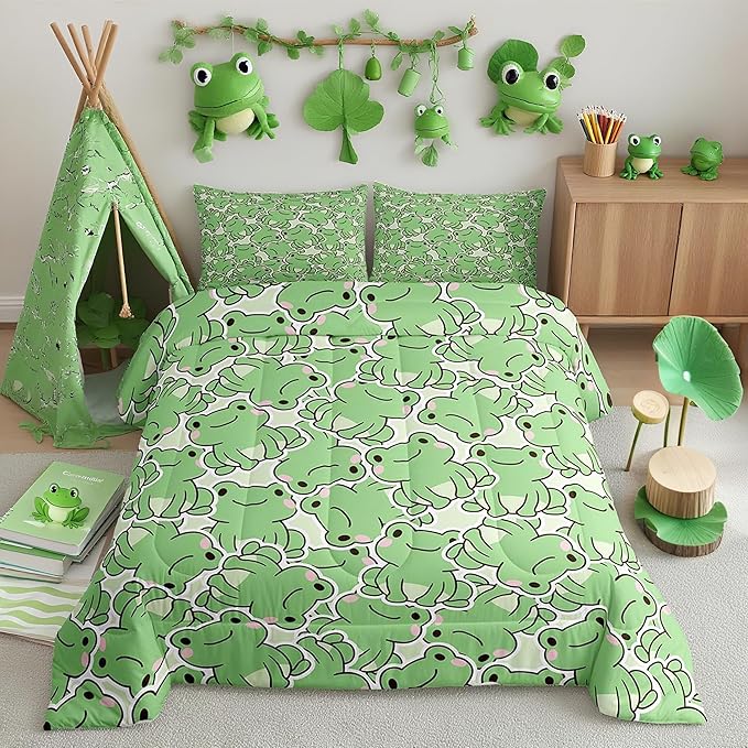 Cute Frog Comforter Set Twin,Cartoon Animals Bedding Set 2pcs for Kids Teens Boys Girls Room Decor,Summer Natural Quilt Set Green Watercolor Duvet Insert with 1 Pillowcase