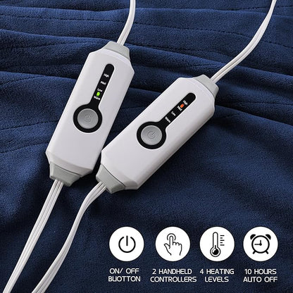 Electric Heated Blanket 90"x100" King Size, Soft Coral Fleece, Dual Controllers with 4 Heating Levels and 10 Hours Auto-Off, Machine Washable, Cozy Plush Fabric for Home, Dark Blue