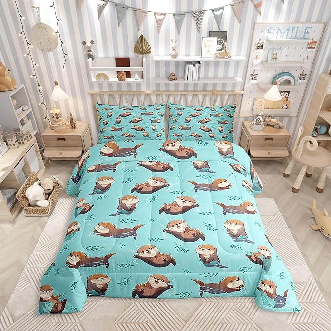 Otter Kids Comforter Set,Cute Cartoon Wild Animals Bedding Sets for Boys Girls Teens,Green Plants Water Bubbles Graffiti Quilted Comforter with 2 Pillowcases King Size 3 Pcs