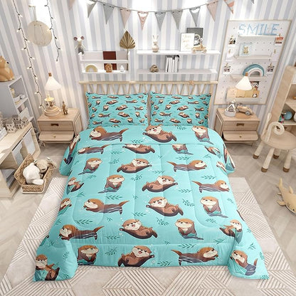Otter Kids Comforter Set,Cute Cartoon Wild Animals Bedding Sets for Boys Girls Teens,Green Plants Water Bubbles Graffiti Quilted Comforter with 2 Pillowcases King Size 3 Pcs