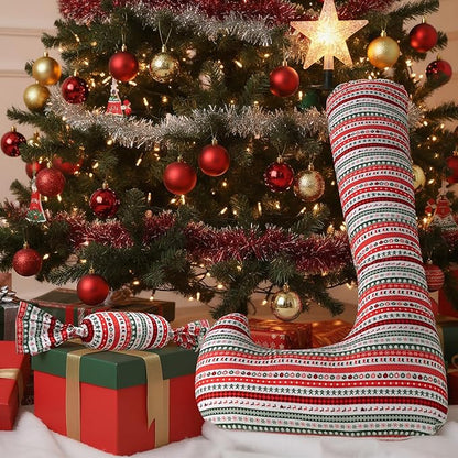 Long Body Pillow with Mini Candy Pillow - Full Size Hugging & Cuddle Bolster, Removable Red Christmas Print Cover, Adjustable Firmness, Machine Washable- for Adults, Kids, Pregnancy Support