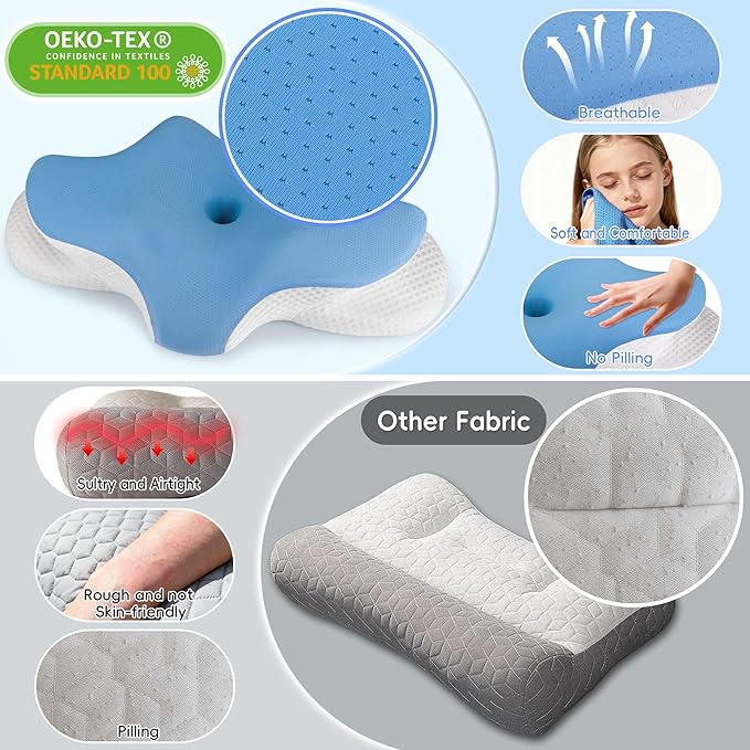 Cervical Neck Pillow for Pain Relief, Ergonomic Contour Pillow for Sleeping, 2 Heights Cooling Pillow for Neck and Shoulder Support, Memory Foam Orthopedic Pillow for Side Back Stomach Sleepers Blue