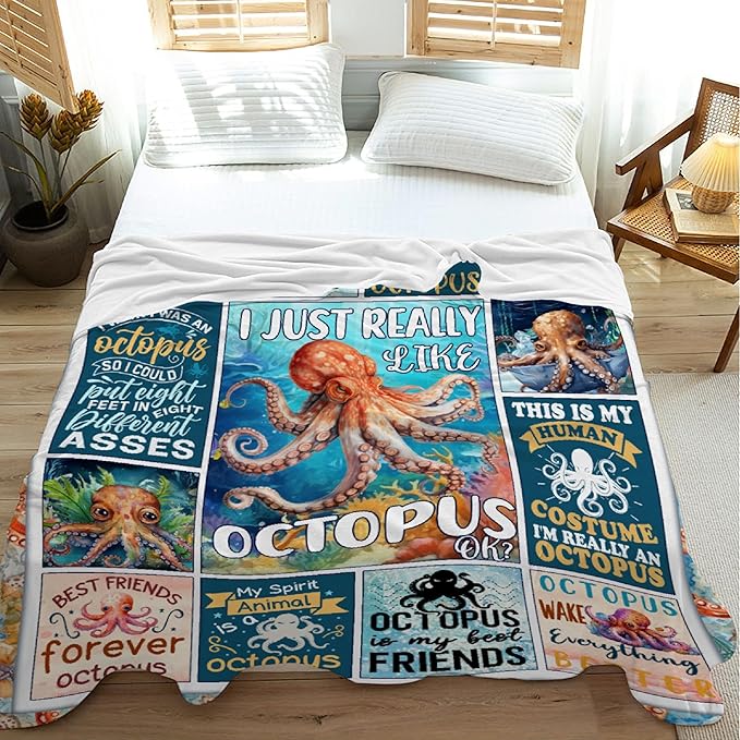 Octopus Blanket Ocean Animal I Just Really Like Octopus Throw Blanket Gifts for Kids Adults Soft Flannel Blanket for Sofa Couch Bed Warm Cozy Home Decor for All Seasons,50"x60"for Throw/Travel