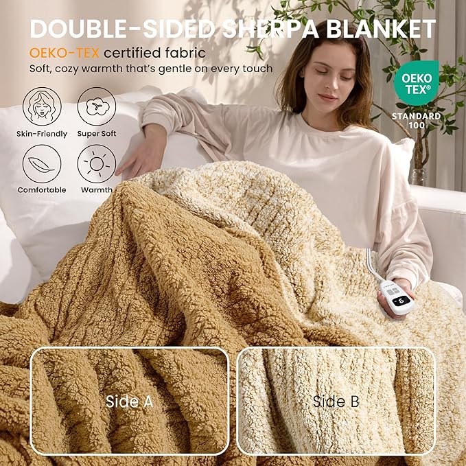 Heated Blanket Electric Blanket Queen - Fast Heating Blanket Throw Dual Controllers Double Sided Sherpa with 10 Heating Levels & 2-10 Hours Auto Off, Mashine Washable, 84 x 90 Inches, Camel