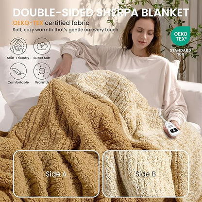 Heated Blanket Electric Blanket Twin - Fast Heating Blanket Throw Double Sided Sherpa Ultra Soft Cozy with 10 Heating Levels & 2-10 Hours Auto Off, Mashine Washable, 62 x 84 Inches, Camel