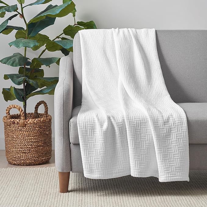 Arkwright Basket Weave Throw Blanket - 100% Ringspun Cotton All Season Throws, Luxury Hotel Quality, Soft on Skin, Breathable, 300 GSM for Bed, Sofa, and Chair, 50 X 70 in, White
