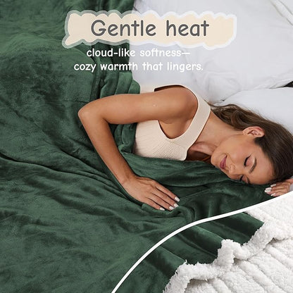 Electric Heated Blanket Queen Size 84"x90", Soft Flannel with Dual Controllers & Overheat Protection, 6 Adjustable Heat Settings & 10-Hour Auto-Off Timer, Fast Heating for Winter Comfort, Dark Green