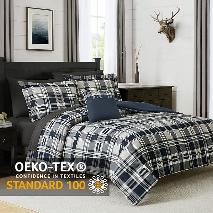 MaiRêve Queen Size Comforter Set Navy Blue, Classic Plaid Farmhouse 7 Pieces Bedding Set, All Season Lightweight Bed in a Bag with Sheets, Pillowcases & Shams