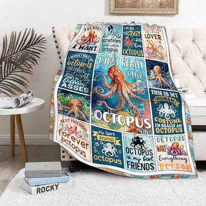 Octopus Blanket Ocean Animal I Just Really Like Octopus Throw Blanket Gifts for Kids Adults Soft Flannel Blanket for Sofa Couch Bed Warm Cozy Home Decor for All Seasons,40"x50"for Kids/Baby