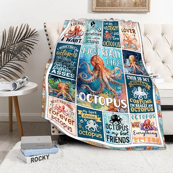 Octopus Blanket Ocean Animal I Just Really Like Octopus Throw Blanket Gifts for Kids Adults Soft Flannel Blanket for Sofa Couch Bed Warm Cozy Home Decor for All Seasons,60"x80"for Full/Queen