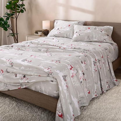 Bare Home Flannel Sheet Set Prints, 100% Cotton, Velvety Soft Heavyweight - Double Brushed Flannel for Extra Softness & Comfort - Deep Pocket - Bed Sheets (Cal King, Snowmen)