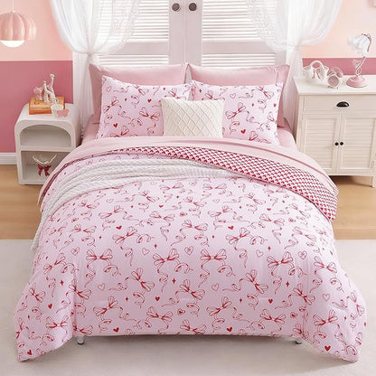 Queen Comforter Set for Girls, Red Bow Bedding Set Reversible with Cute Heart, All Season Kids Bed in a Bag 7 Pieces with Sheets, Pillowcases & Shams