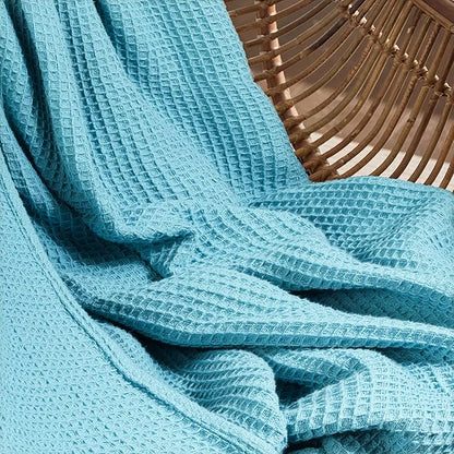 Tex Trend Waffle Blankets – 100% Cotton Blankets Queen Size – Breathable and Soft for Christmas – Suitable for Bed Layering, Sofa and Couch - Blue (90”x90”)