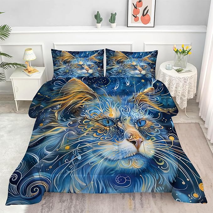 Cat Comforter Set Queen: Blue Maine Coon Bedding Set Mysterious Exotic Kitten Quilts for Women Men Tween Adults Ethnic Pet Bed Set 3 Piece with 1 Comforter & 2 Pillowcases