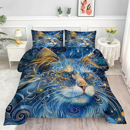 Cat Comforter Set Twin: Blue Exotic Cat Bedding Set for Kids Teens Girls Boys Room Decor Boho Mandala Ethnic Kitten Quilt Bed Sets 1 Comforter & 1 Pillowcase