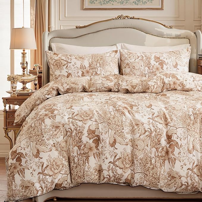 Khaki Floral Duvet Cover King Size 100% Cotton Vintage Botanical Duvet Cover Set 3 Pcs Soft Flower Bedding Set Breathable and Lightweight