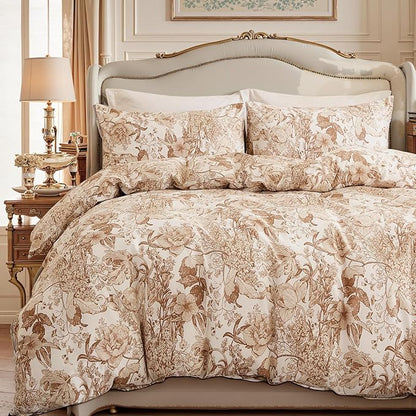 Khaki Floral Duvet Cover King Size 100% Cotton Vintage Botanical Duvet Cover Set 3 Pcs Soft Flower Bedding Set Breathable and Lightweight