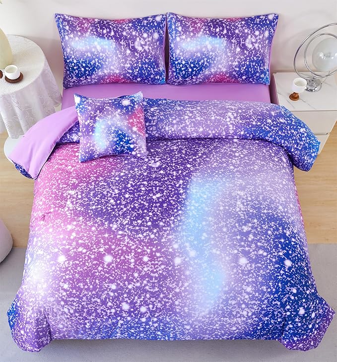 RYNGHIPY 6Pcs Girls Bedding Set Queen Size Purple Rainbow Comforter Set for Kids Teens Girls Glitter Bed in a Bag Lightweight Fluffy