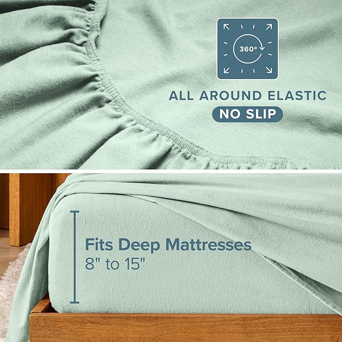 Bare Home Flannel Sheet Set 100% Cotton, Velvety Soft Heavyweight - Double Brushed Flannel - Deep Pocket (Queen, Mint)