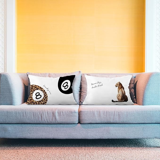 Trendy Lucky 8 Ball Leopard Pillow Covers 12x20 Set of 2, Cheetah Print Room Decor, Funky Black and Leopard Ball Cheetah Decorative Lumbar Pillow Covers for Home Bedroom Living Room
