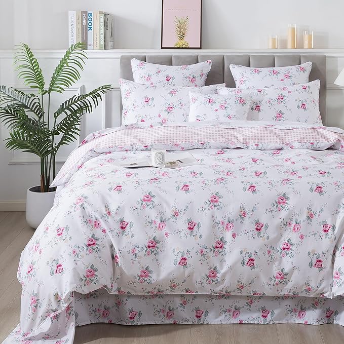 FADFAY Rose Duvet Cover Set Queen Pink Floral Bedding Vintage Botanical Flower Quilt Cover Set Rustic Farmhouse Bedding 100% Cotton Soft Comforter Cover with Hidden Zipper Closure 3Pcs, Queen Size