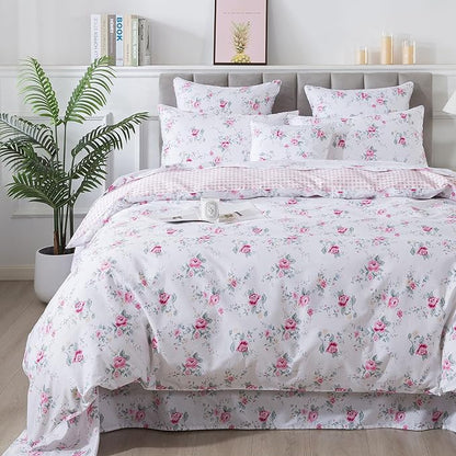 FADFAY Rose Duvet Cover Set Full Pink Floral Bedding Vintage Botanical Flower Quilt Cover Set Rustic Farmhouse Bedding 100% Cotton Soft Comforter Cover with Hidden Zipper Closure 3Pcs, Full Size