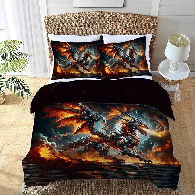 Dragon Bedding Set 3 Pieces Twin Size Flame Dragon Duvet Cover Comforter Cover Sets with 2 Pillowcases for Boys Girls Teens Men Women