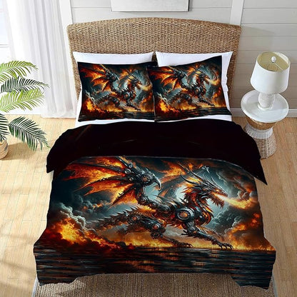 Dragon Bedding Set 3 Pieces Twin Size Flame Dragon Duvet Cover Comforter Cover Sets with 2 Pillowcases for Boys Girls Teens Men Women