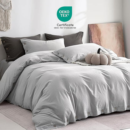 JELLYMONI 100% Washed Cotton Duvet Cover Twin – Soft, Breathable Linen-Look Bedding with Natural Wrinkle Texture, Button Closure, 3-Piece Set (Pale Grey, 68"x90")