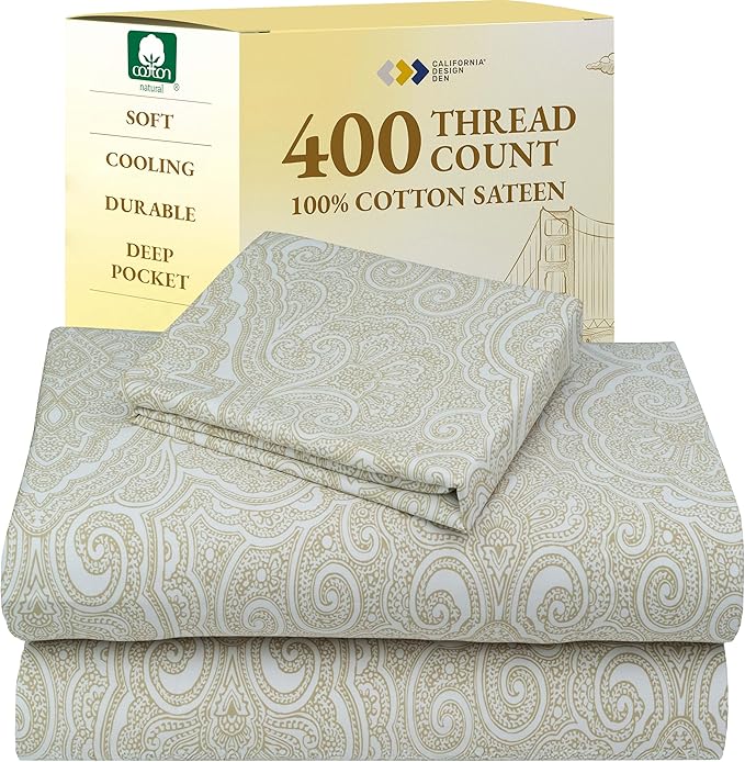 California Design Den Deep Pocket Twin Sheets Set - 400 Thread Count Sateen, Natural 100% Cotton Sheets, and Durable Bedding Set - Paisley Beige
