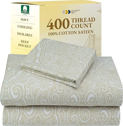 California Design Den Deep Pocket Twin Sheets Set - 400 Thread Count Sateen, Natural 100% Cotton Sheets, and Durable Bedding Set - Paisley Beige