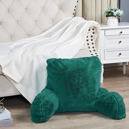 Home Soft Things Fox Faux Fur Bedrest Reading Pillow with Handle and Side Pocket, 20" x 18" x 17"，Teal Green Backrest Armrest Pillow Chair Back Support for Sitting up in Bed