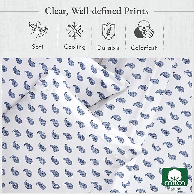 California Design Den Full Size Bed Sheets Set - 400 Thread Count Sateen, Natural 100% Cotton Sheets for Full Size Bed, Deep Pocket and Durable Bedding Set - Paisley Blue