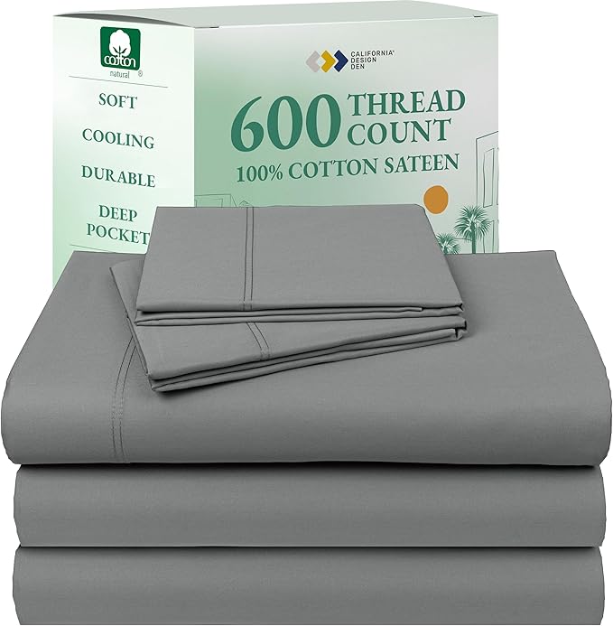 California Design Den Split King Sheet Set - 100% Cotton, 600 Thread Count, Breathable Luxury King Size Sheets for Adjustable Bed, Luxury Hotel-Quality Sheets with Soft Sateen Weave - Mist Grey