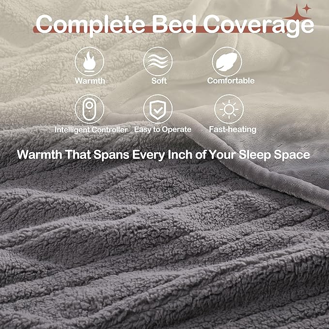 Heated Blanket Throw Size 50" x 60" Electric Blanket with 5 Levels Heating & 3Hs Auto Off, Silky Microplush Flannel & Warm Sherpa Fabric, Machine Washable, Great Christmas Birthday Gifts, Gray