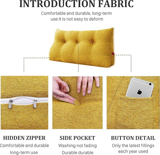 8 lbs Thickened Twin Headboard Pillow Wedge College Dorm Bed Pillow for Backrest Reading Triangular Pillow with Side Pocket for Sitting in Bed, Dorm Bedding Essentials for Girls & Boys Yellow
