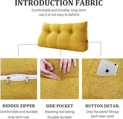 8 lbs Thickened Twin Headboard Pillow Wedge College Dorm Bed Pillow for Backrest Reading Triangular Pillow with Side Pocket for Sitting in Bed, Dorm Bedding Essentials for Girls & Boys Yellow