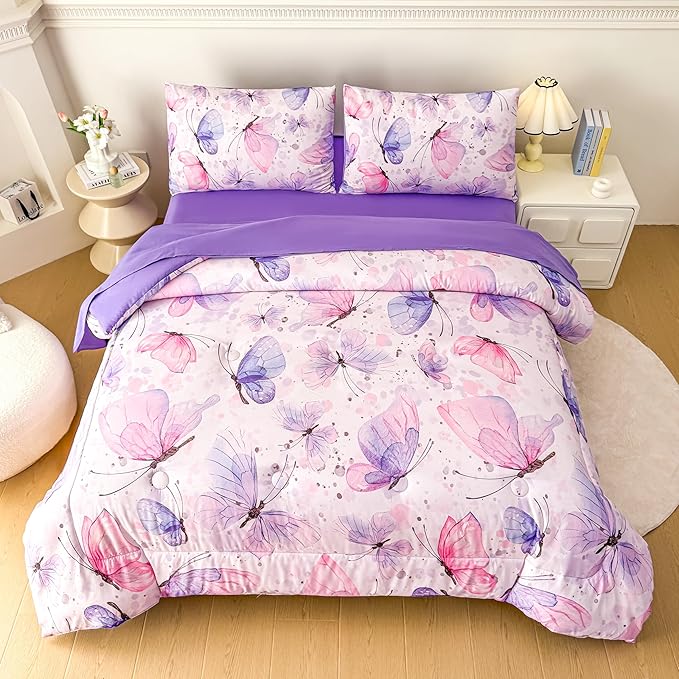 MWMWMW Girls Comforter Set Queen, 5 Piece Bed in a Bag, Pink Purple Butterfly Bedding Set for Kids, Queen Size Bedding Set with 1 Comforter, 1 Flat Sheet, 1 Fitted Sheet & 2 Pillowcases