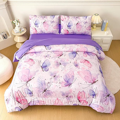 MWMWMW Girls Comforter Set Queen, 5 Piece Bed in a Bag, Pink Purple Butterfly Bedding Set for Kids, Queen Size Bedding Set with 1 Comforter, 1 Flat Sheet, 1 Fitted Sheet & 2 Pillowcases